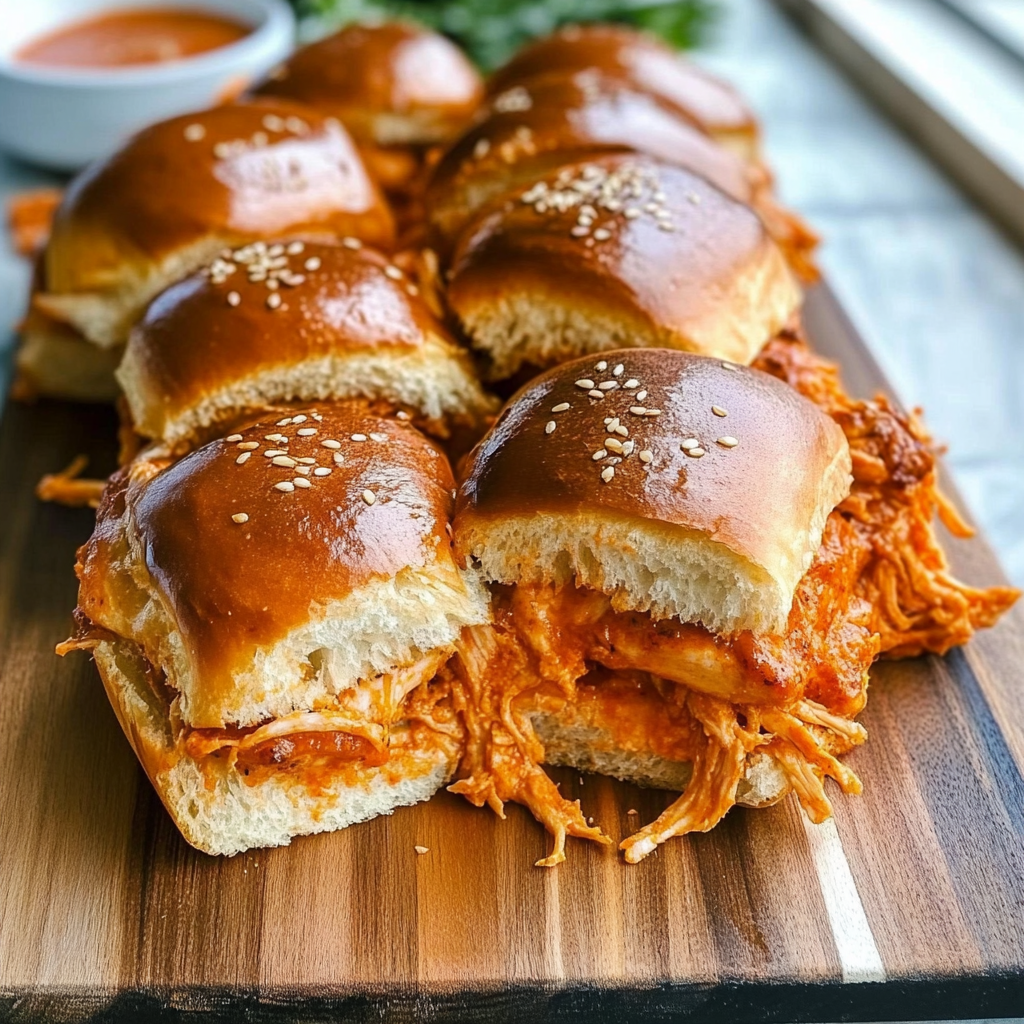 Recipe preparation for Buffalo Chicken Sliders on Hawaiian Rolls