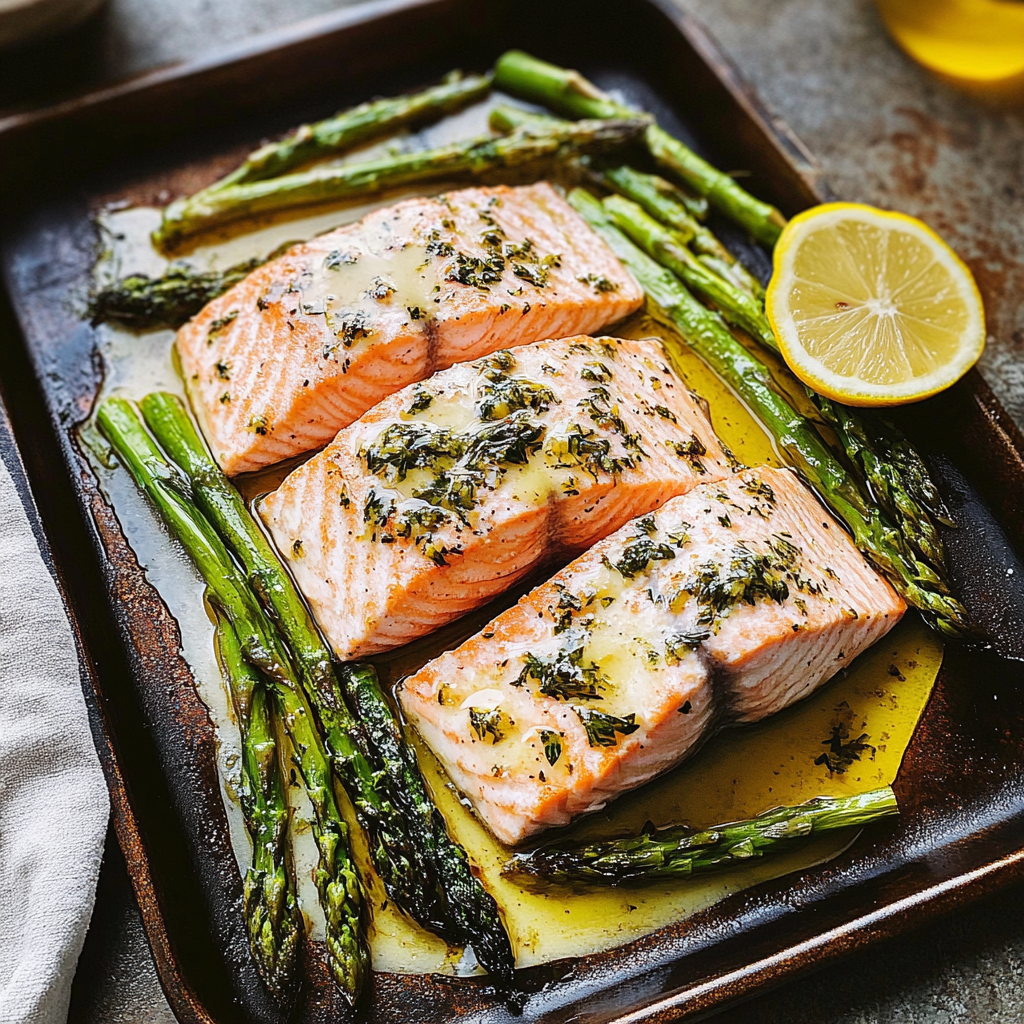 Recipe preparation for Sheet Pan Lemon Herb Salmon with Asparagus