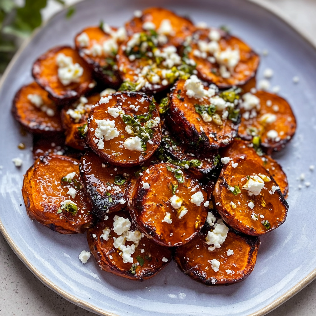 Recipe preparation for sweet potato rounds with honey and feta