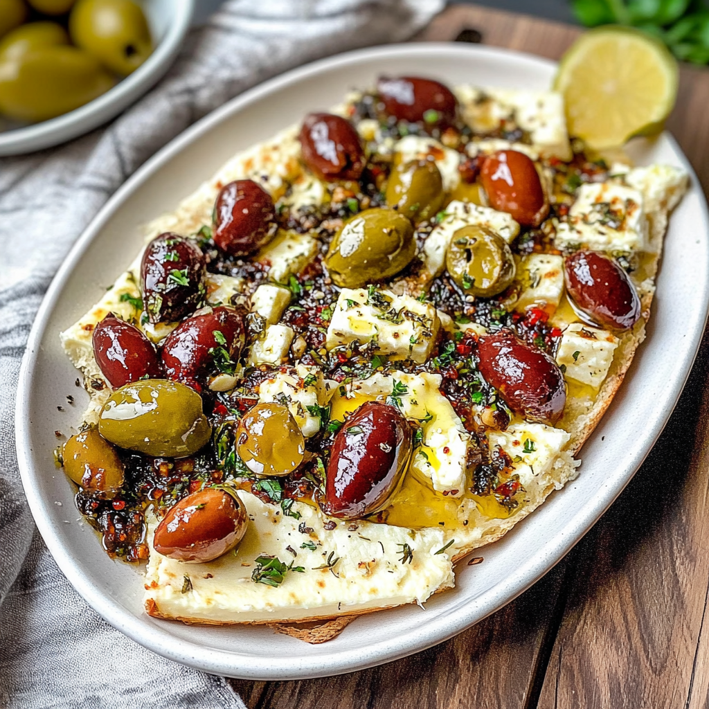Recipe preparation for Baked Feta with Marinated Olives