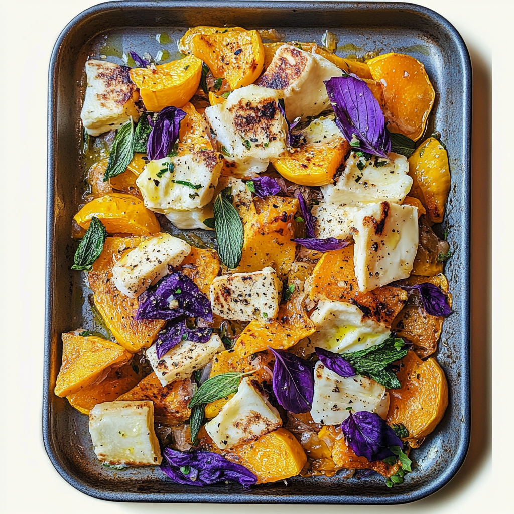 Recipe preparation for Sheet Pan Halloumi and Winter Squash