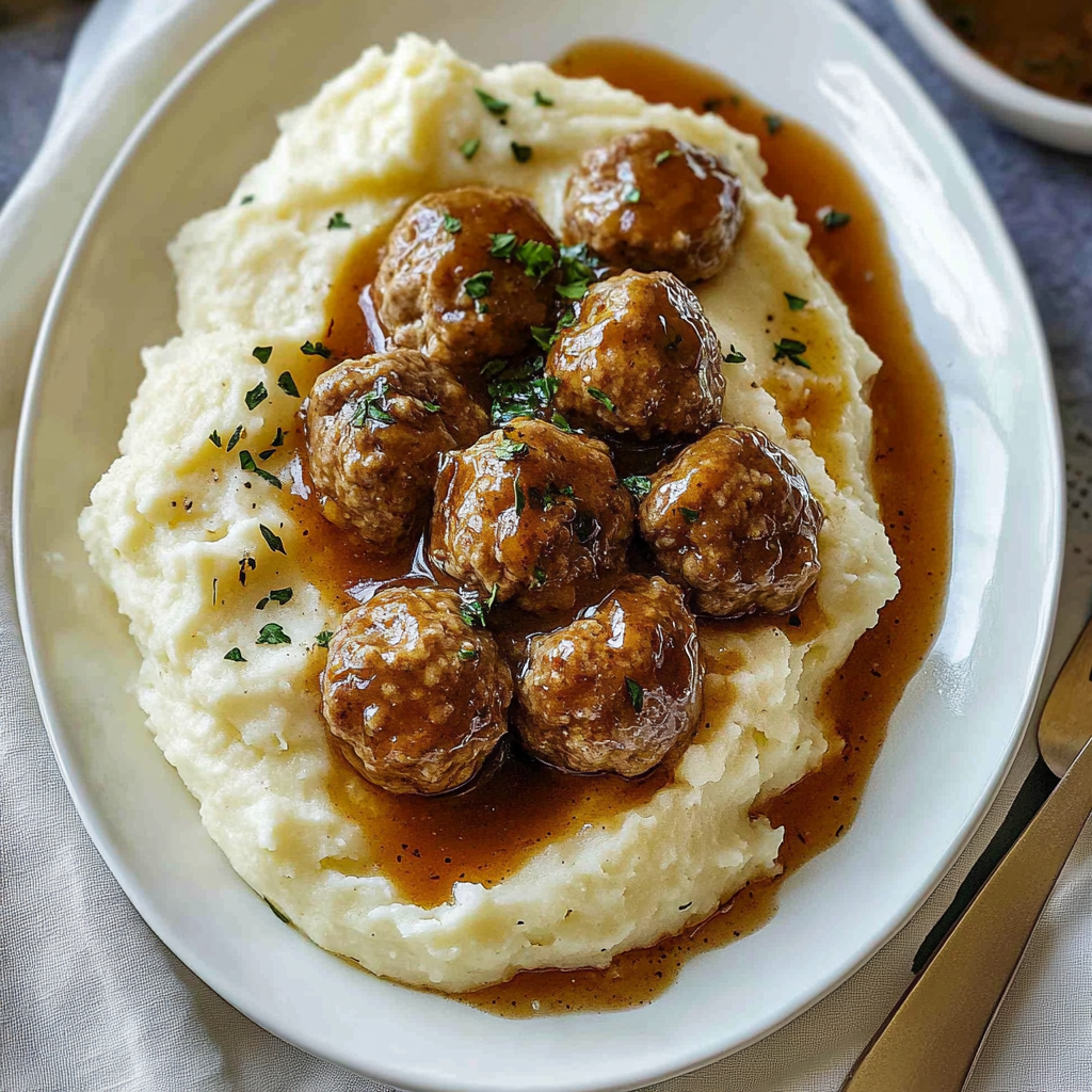 Recipe preparation for Salisbury Steak Meatballs with Garlic Herb Mashed Potatoes
