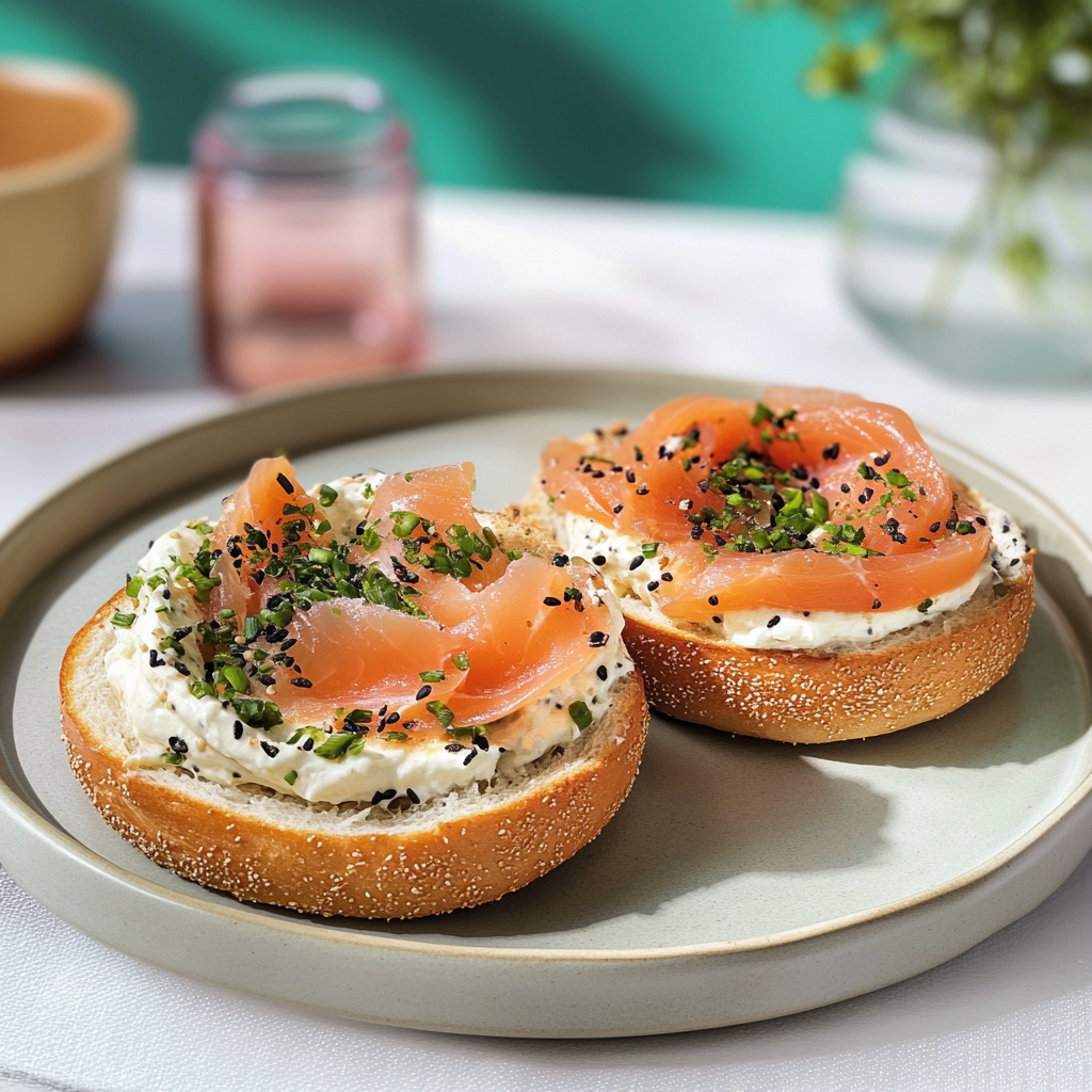 Recipe preparation for Smoked Salmon & Yuzu Cream Cheese Bagels
