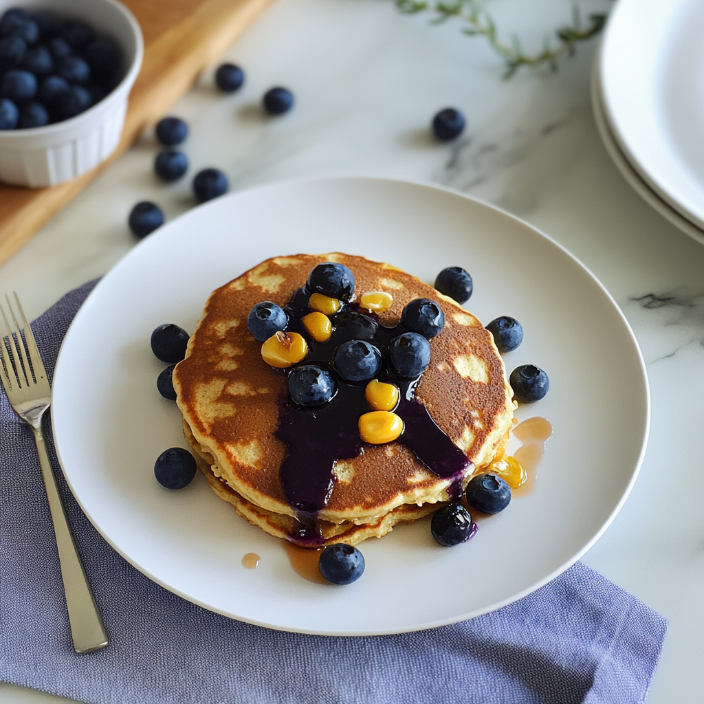 Recipe preparation for Blue Corn Pancakes with Blueberry Thyme Syrup