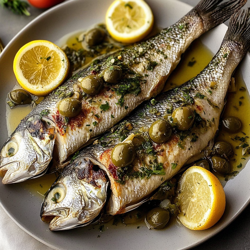 Recipe preparation for Sheet Pan Mediterranean Branzino with Olives & Capers