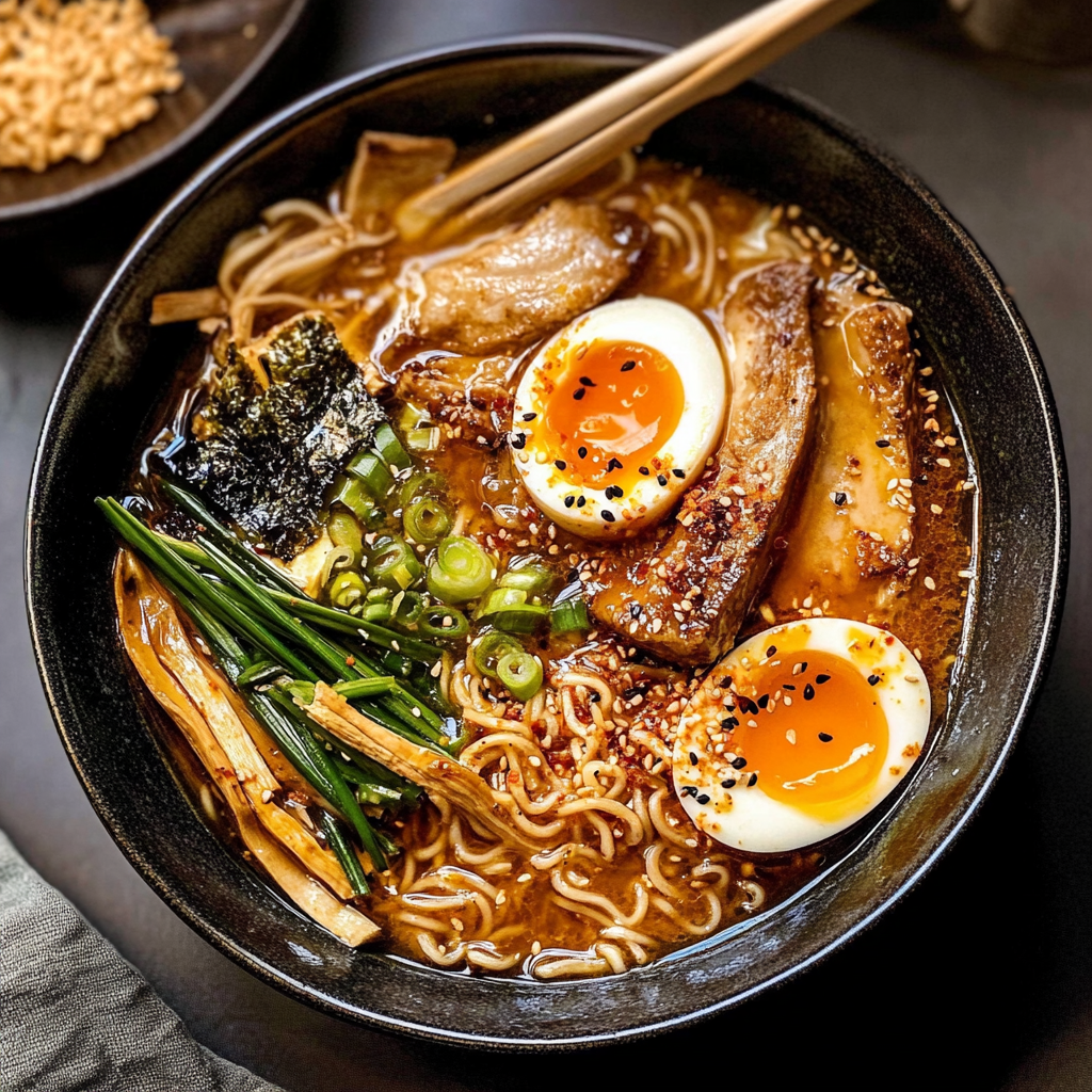 Recipe preparation for Instant Pot Bone Broth Ramen with Soft Boiled Eggs