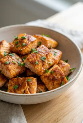 A white bowl filled with cooked, flaky salmon bites with a parsley garnish.