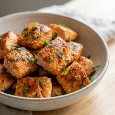 A white bowl filled with cooked, flaky salmon bites with a parsley garnish.