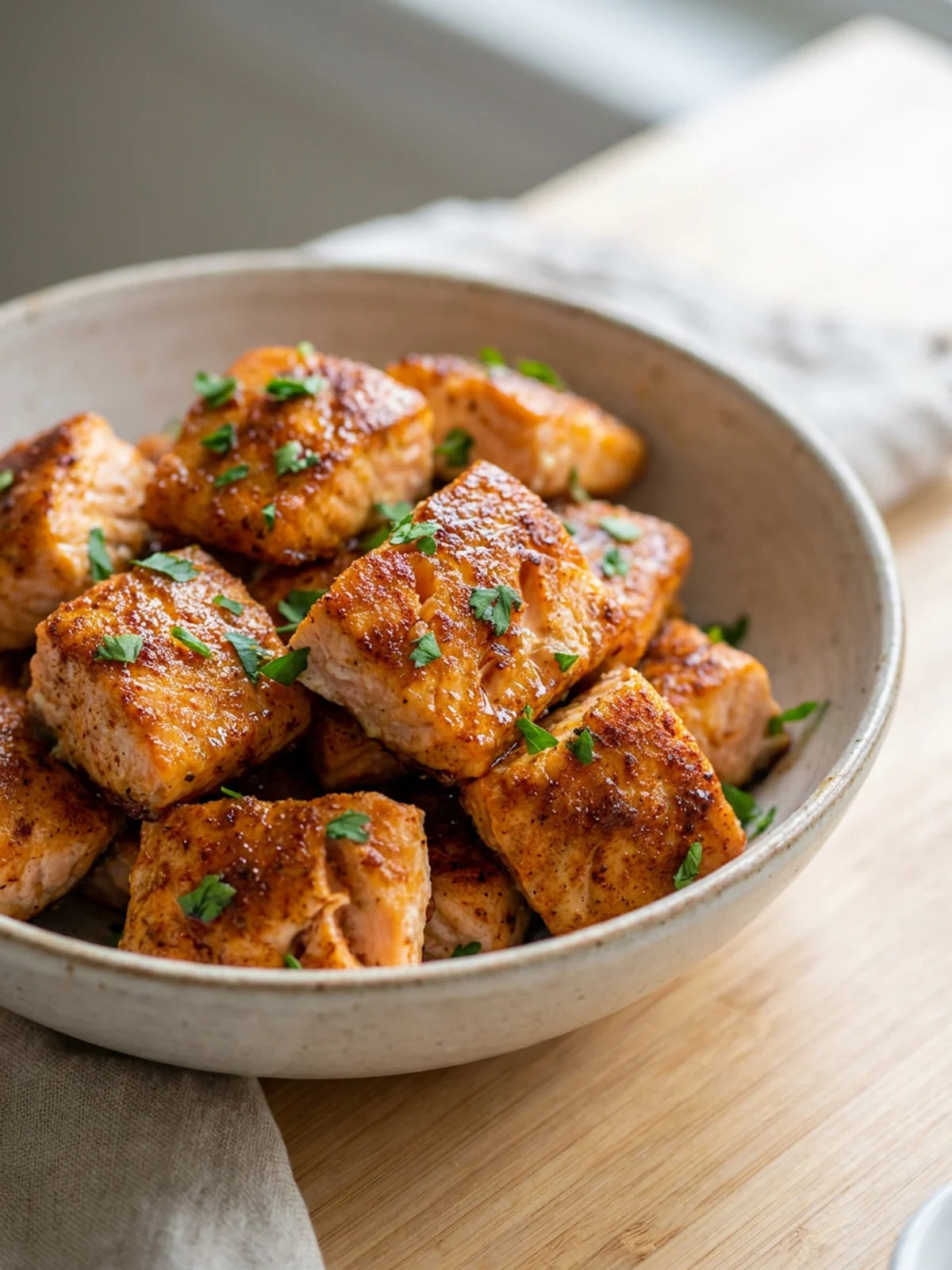 A white bowl filled with cooked, flaky salmon bites with a parsley garnish.
