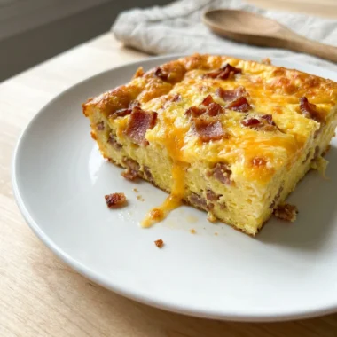 A serving of baked egg casserole showing bits of bacon and melted cheese.