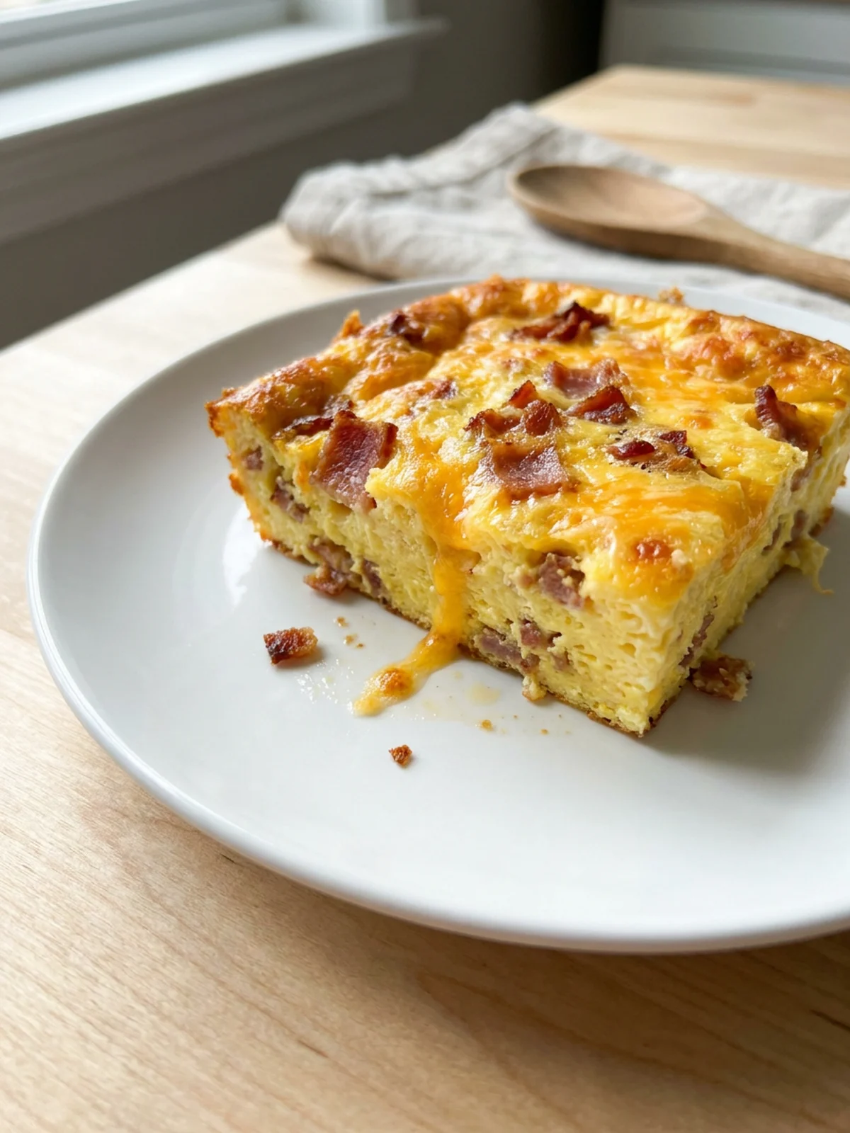 A serving of baked egg casserole showing bits of bacon and melted cheese.