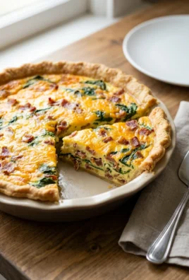 The inside of a pie crust showing layers of crumbled bacon, shredded cheese, and spinach.