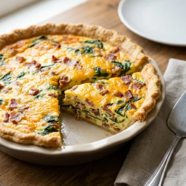 The inside of a pie crust showing layers of crumbled bacon, shredded cheese, and spinach.