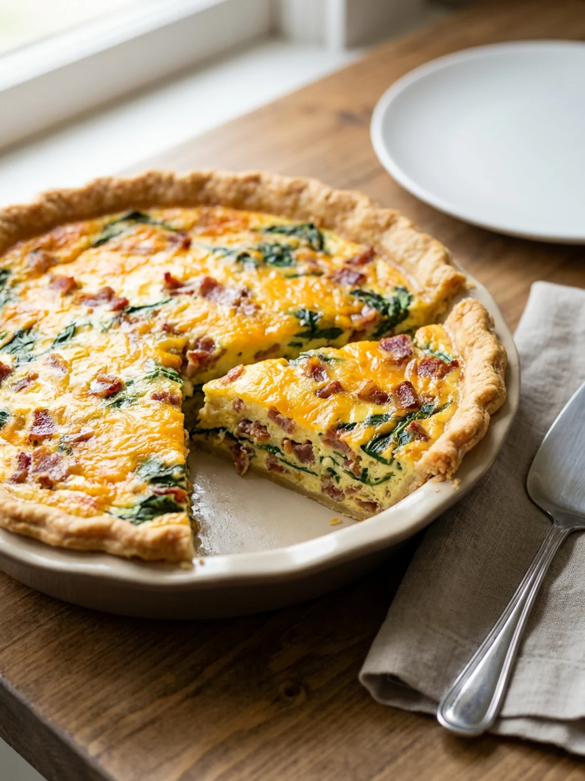 The inside of a pie crust showing layers of crumbled bacon, shredded cheese, and spinach.