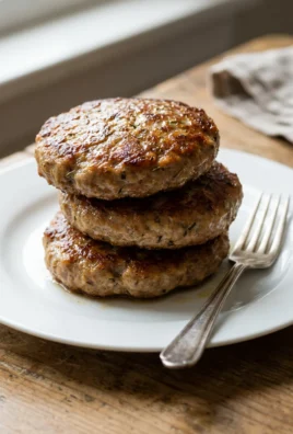 A stack of three homemade beef sausage patties on a simple white plate.