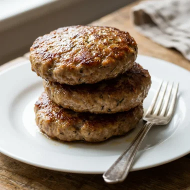 A stack of three homemade beef sausage patties on a simple white plate.