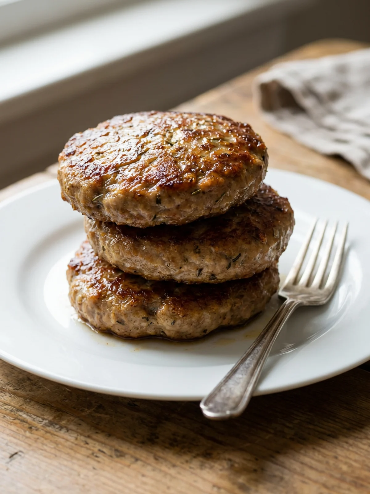 A stack of three homemade beef sausage patties on a simple white plate.