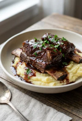 A plate of tender braised beef short ribs with a dark, glossy red wine sauce over mashed potatoes.