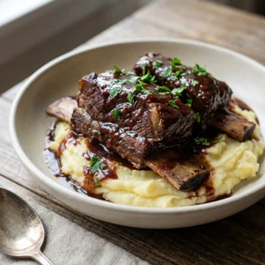 A plate of tender braised beef short ribs with a dark, glossy red wine sauce over mashed potatoes.