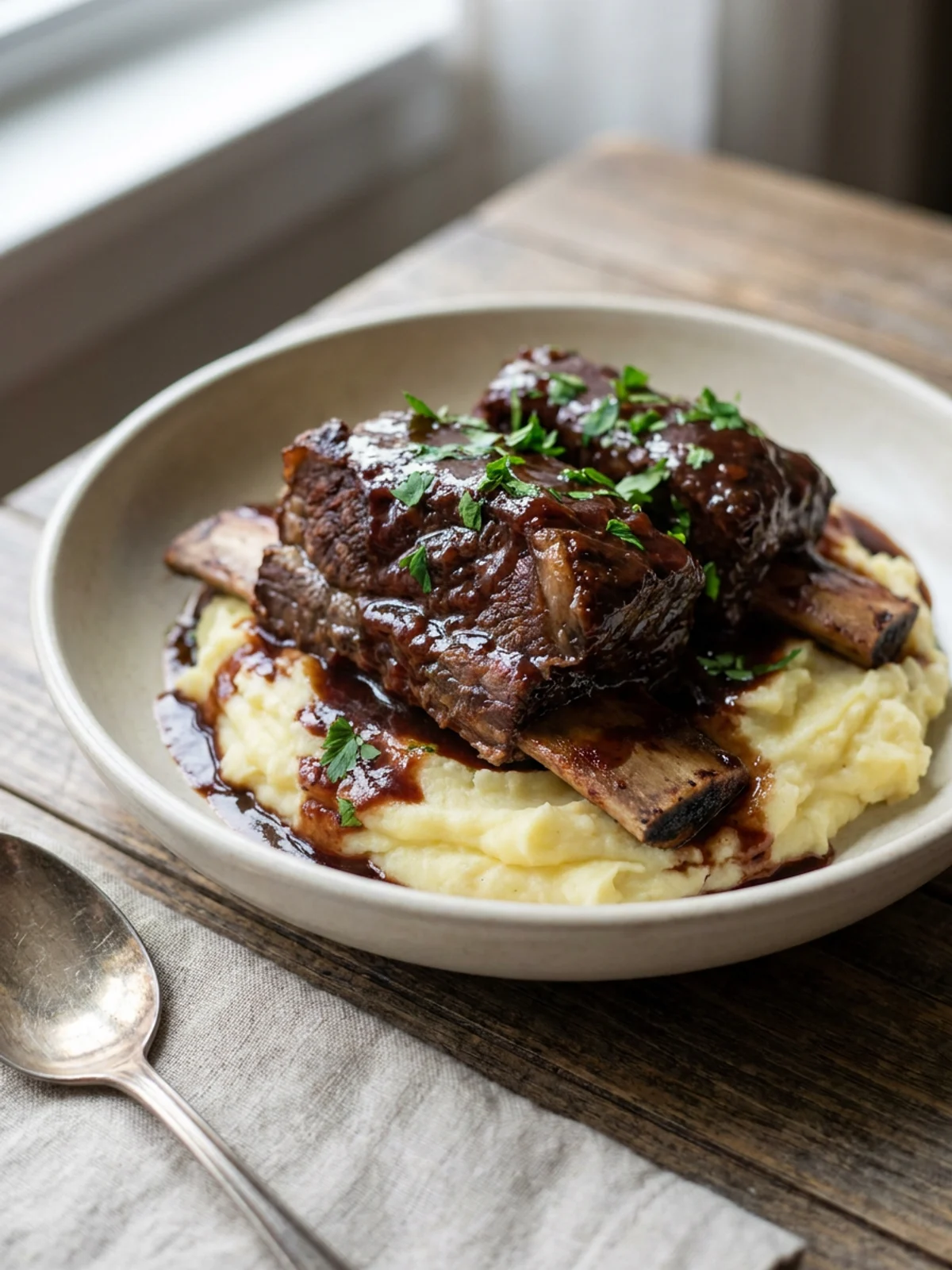 A plate of tender braised beef short ribs with a dark, glossy red wine sauce over mashed potatoes.