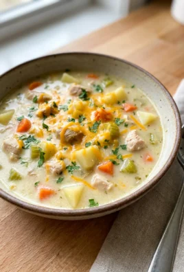Simmering chicken and potato soup in a large dutch oven on a stovetop.