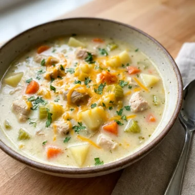 Simmering chicken and potato soup in a large dutch oven on a stovetop.