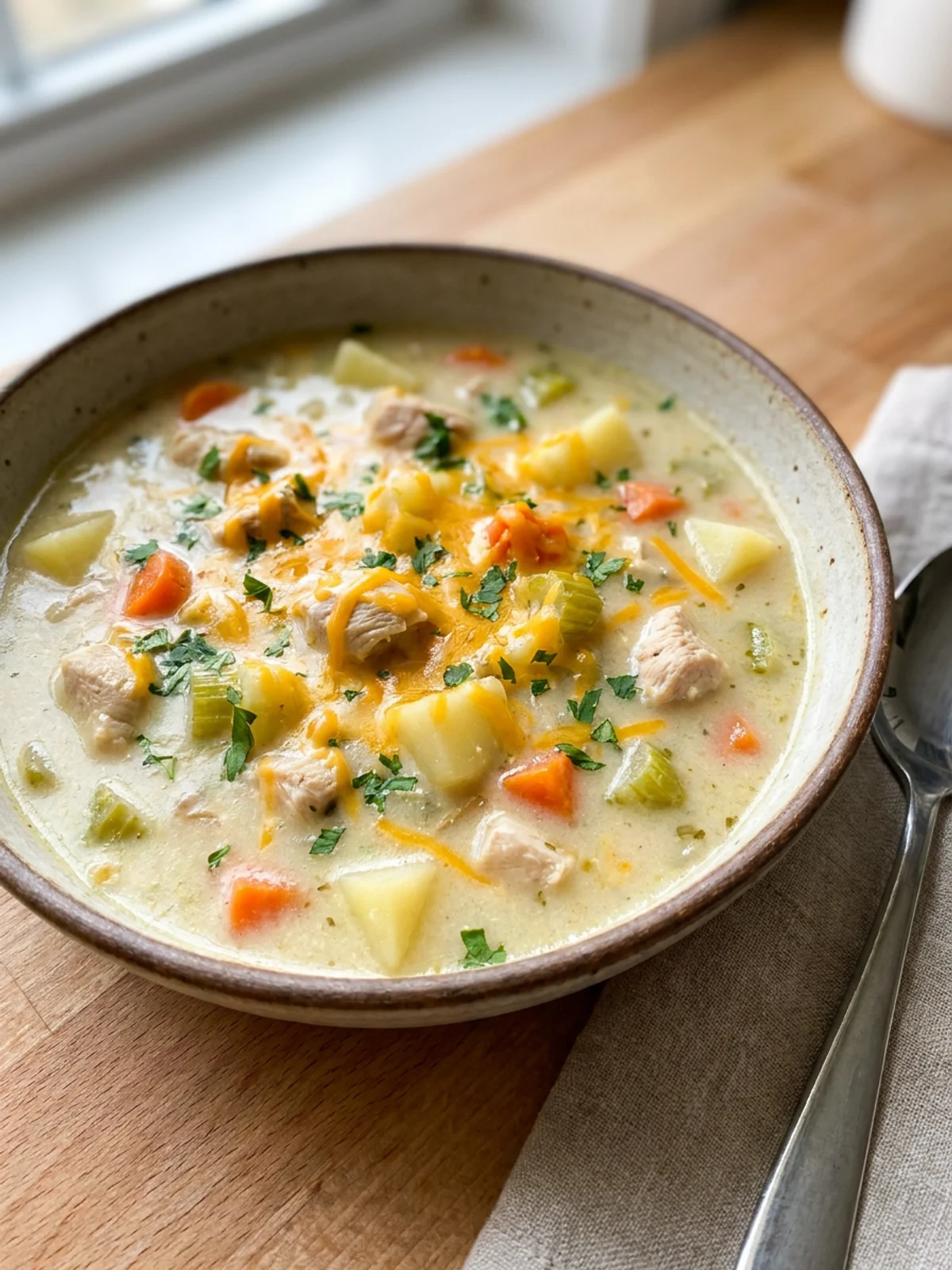 Simmering chicken and potato soup in a large dutch oven on a stovetop.