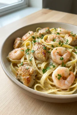 Close-up shot of fettuccine pasta coated in a white cream sauce with shrimp.