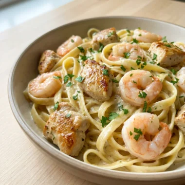 Close-up shot of fettuccine pasta coated in a white cream sauce with shrimp.