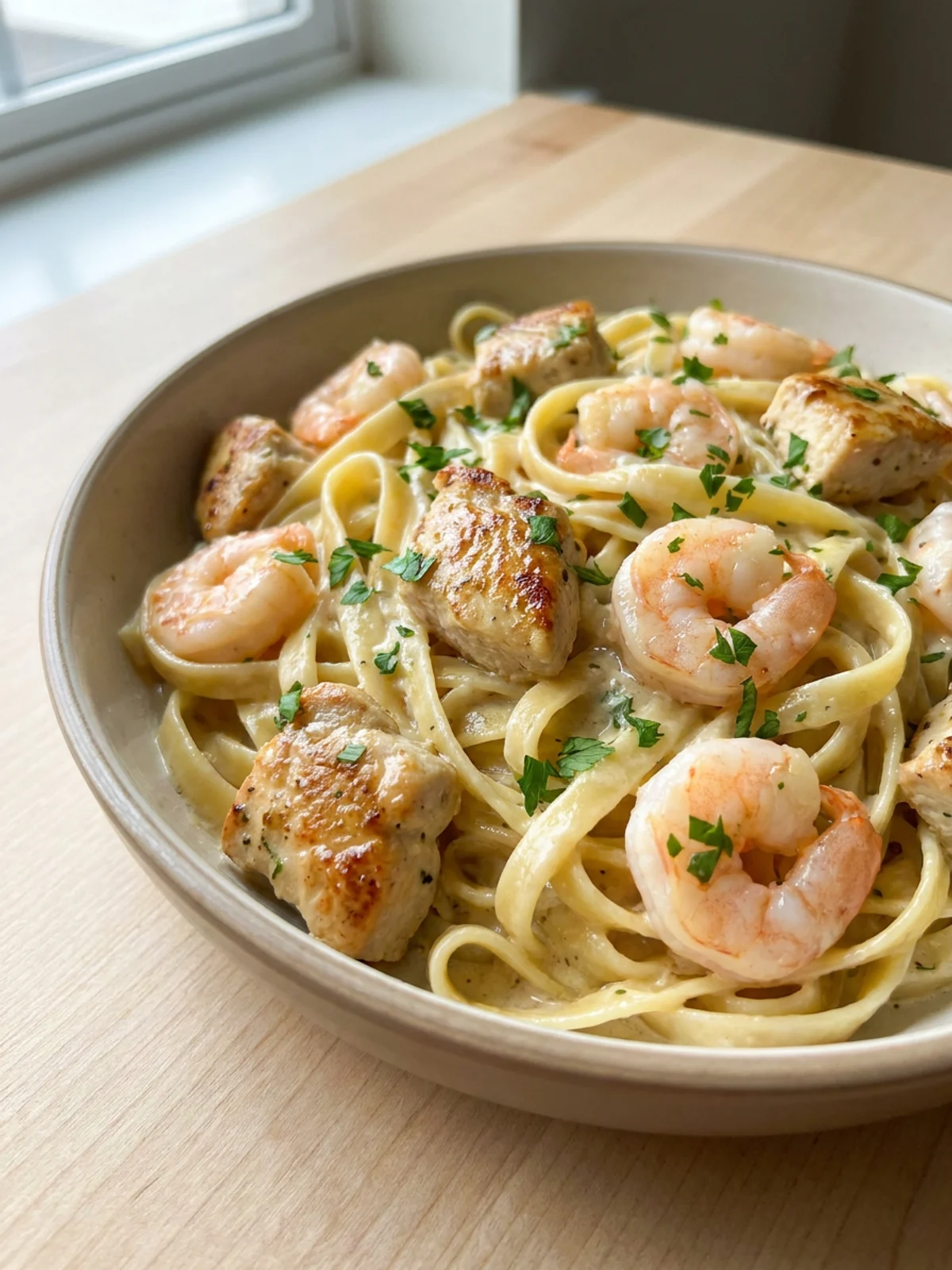 Close-up shot of fettuccine pasta coated in a white cream sauce with shrimp.