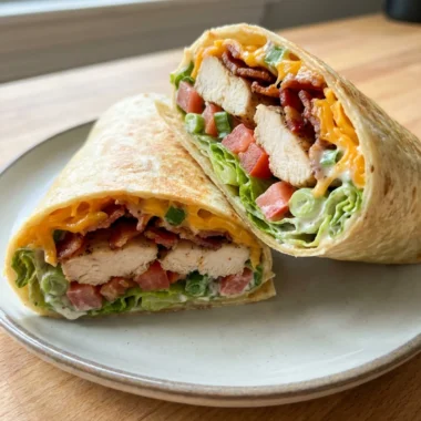 Two halves of a chicken bacon ranch wrap stacked, showing the layers inside.