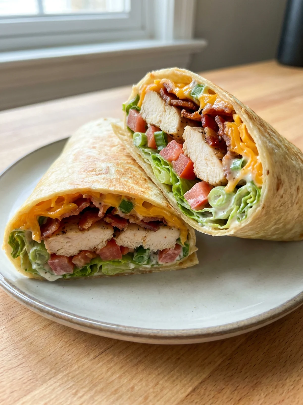 Two halves of a chicken bacon ranch wrap stacked, showing the layers inside.