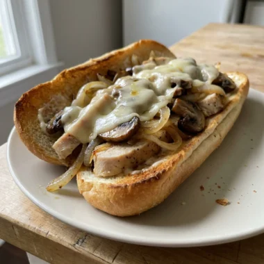 A close-up of a chicken cheesesteak sandwich filled with meat, peppers, and cheese.