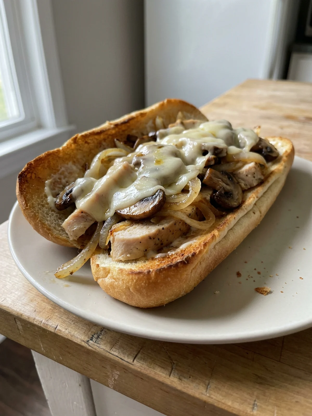 A close-up of a chicken cheesesteak sandwich filled with meat, peppers, and cheese.