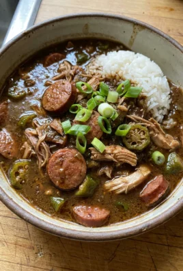 A close-up shot of a bowl of dark gumbo with rice, showing pieces of chicken and sausage.