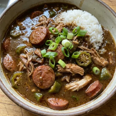 A close-up shot of a bowl of dark gumbo with rice, showing pieces of chicken and sausage.