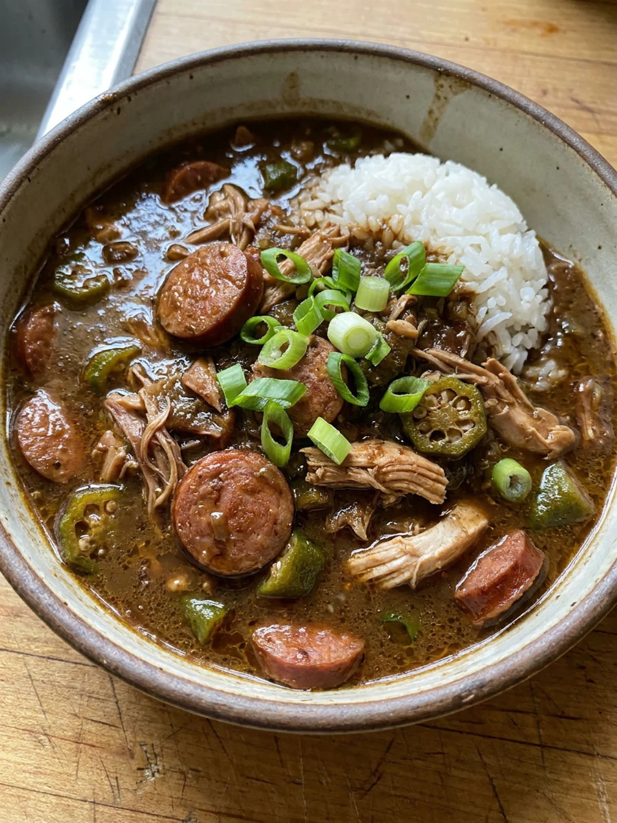 A close-up shot of a bowl of dark gumbo with rice, showing pieces of chicken and sausage.