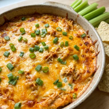 A close-up of a scoop of baked chicken wing dip on a tortilla chip.