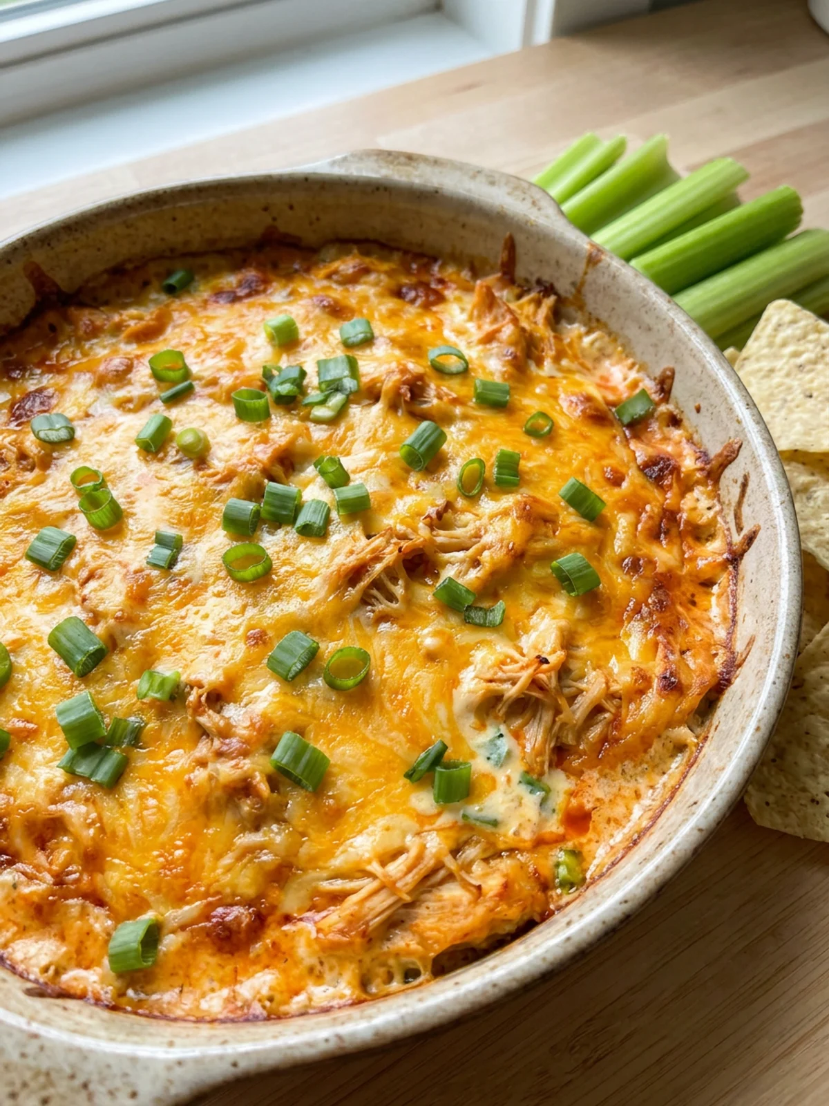 A close-up of a scoop of baked chicken wing dip on a tortilla chip.
