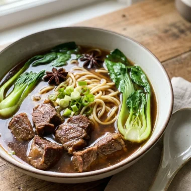 A close-up of a bowl of beef noodle soup with bok choy and noodles.