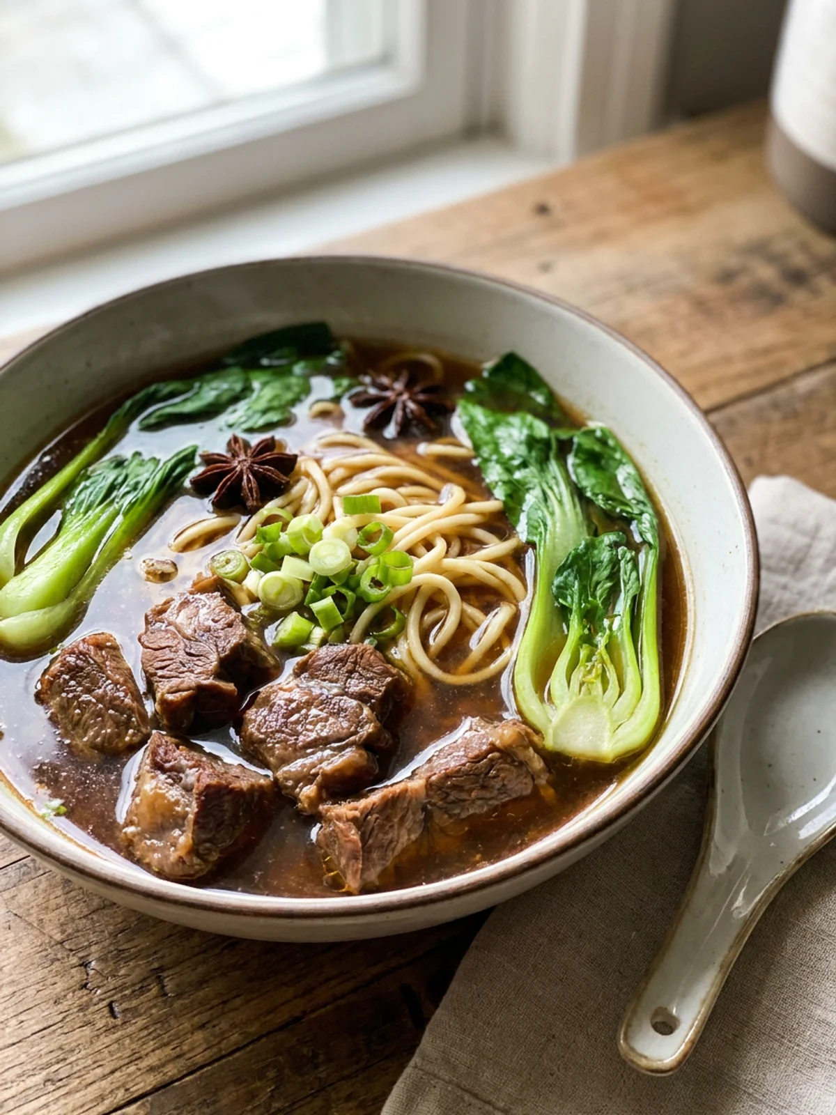 A close-up of a bowl of beef noodle soup with bok choy and noodles.