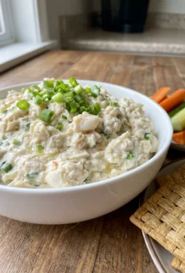 An overhead view of the ingredients for crab dip, including crab, cream cheese, and vegetables.