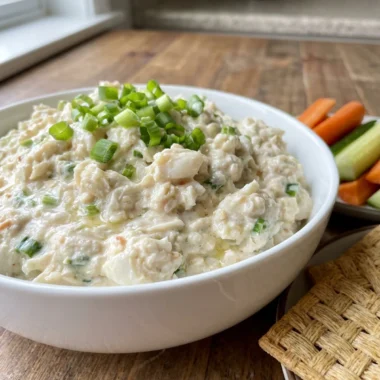 An overhead view of the ingredients for crab dip, including crab, cream cheese, and vegetables.