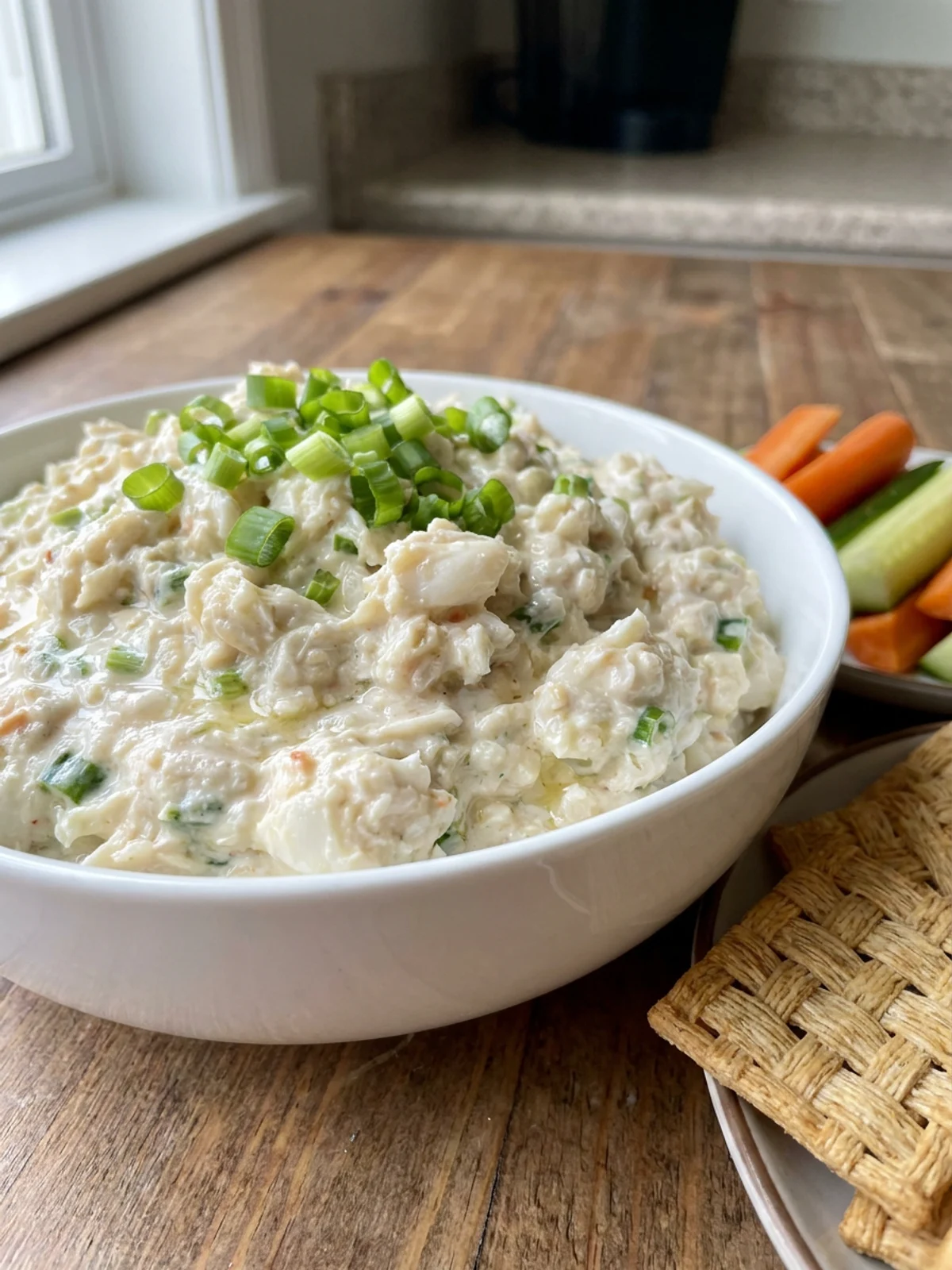 An overhead view of the ingredients for crab dip, including crab, cream cheese, and vegetables.