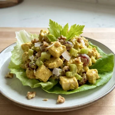 A close-up of a spoon scooping curry chicken salad from a large glass bowl.
