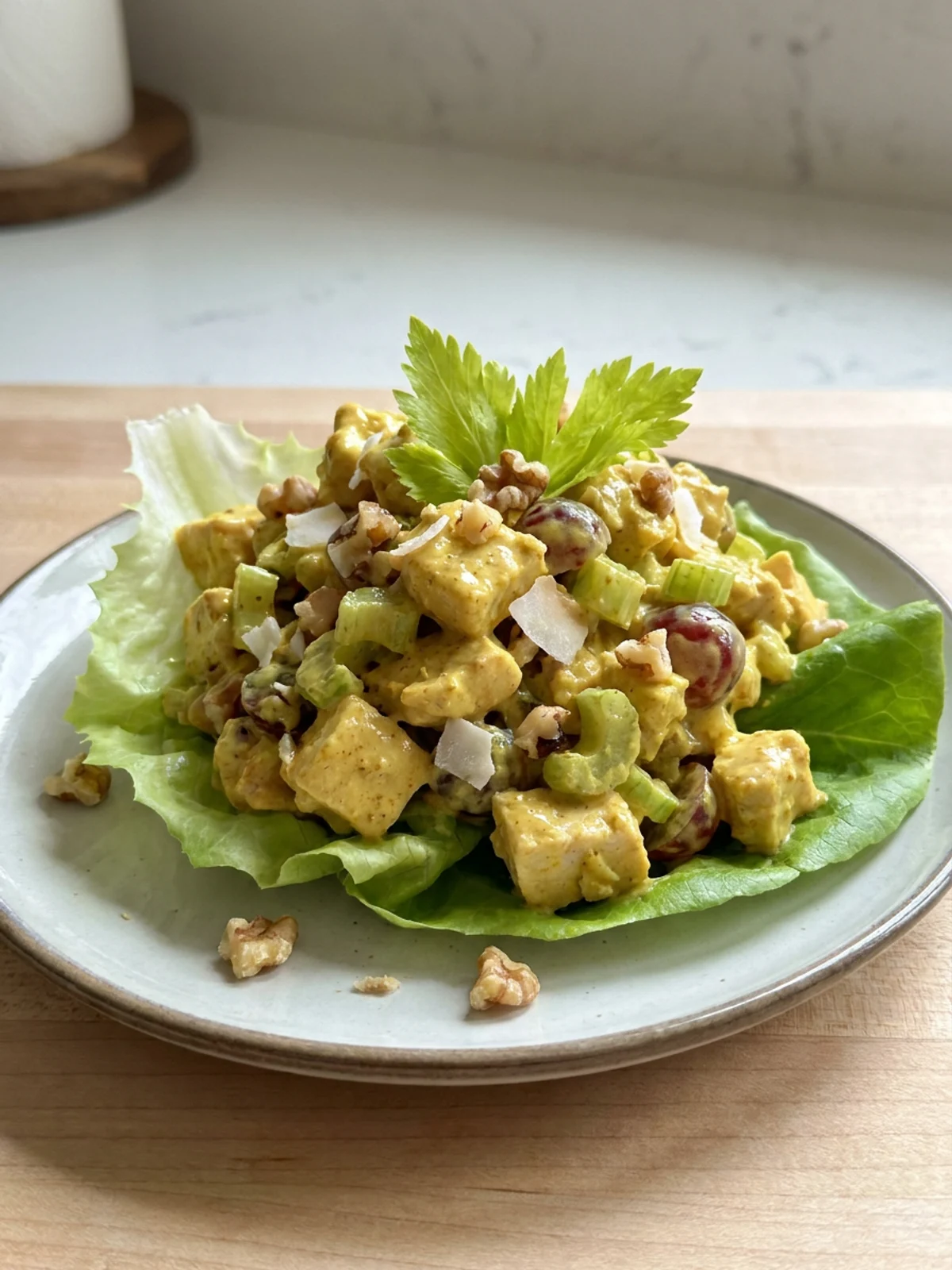 A close-up of a spoon scooping curry chicken salad from a large glass bowl.