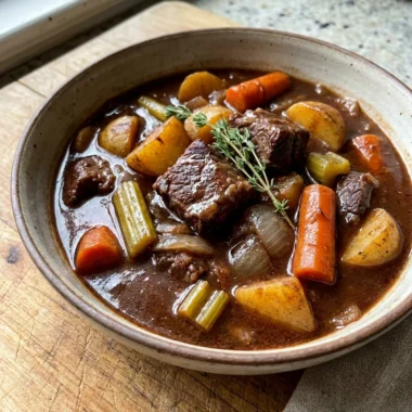 Beef browning in a red Dutch oven on a stovetop for stew.