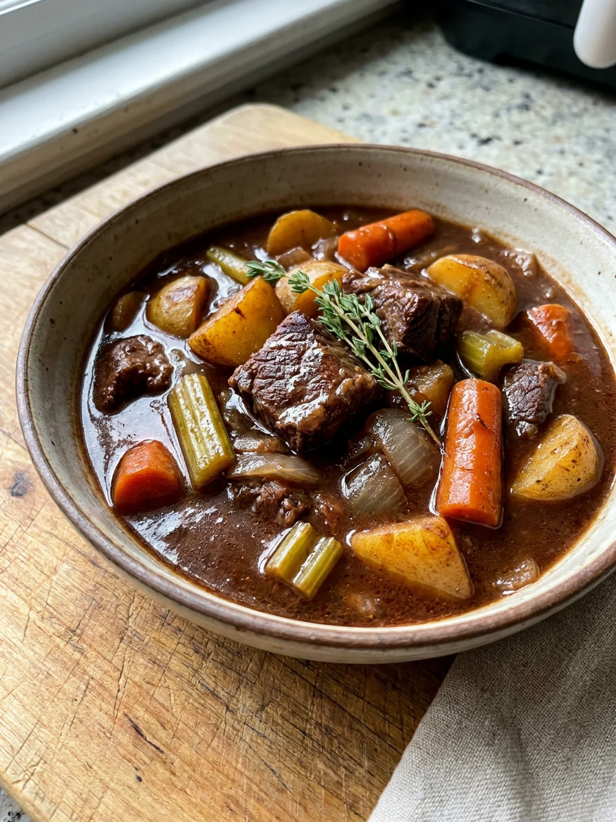 Beef browning in a red Dutch oven on a stovetop for stew.