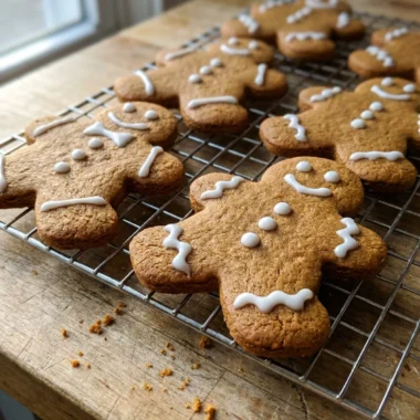 A stack of decorated gingerbread men cookies next to a glass of milk.