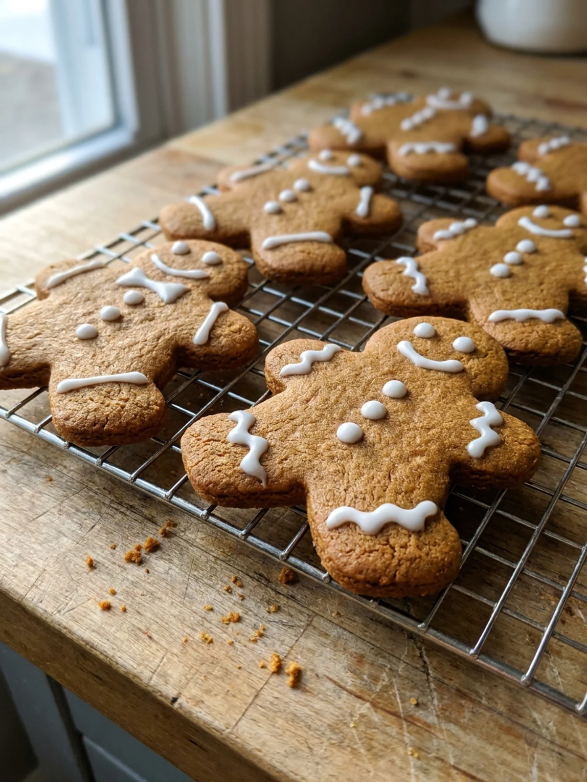 A stack of decorated gingerbread men cookies next to a glass of milk.